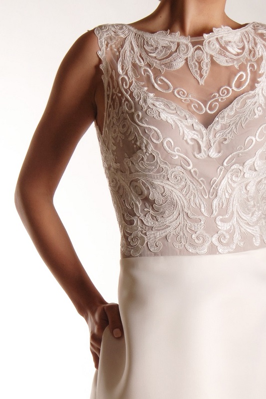 A beautiful corded lace bodice, on this bridal style.
