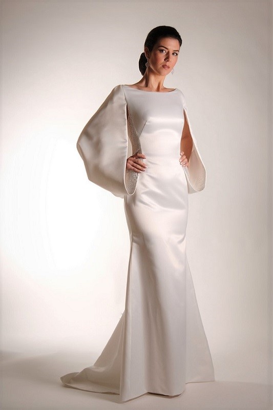 This wedding gown would also be great in our stretch crepe fabric.