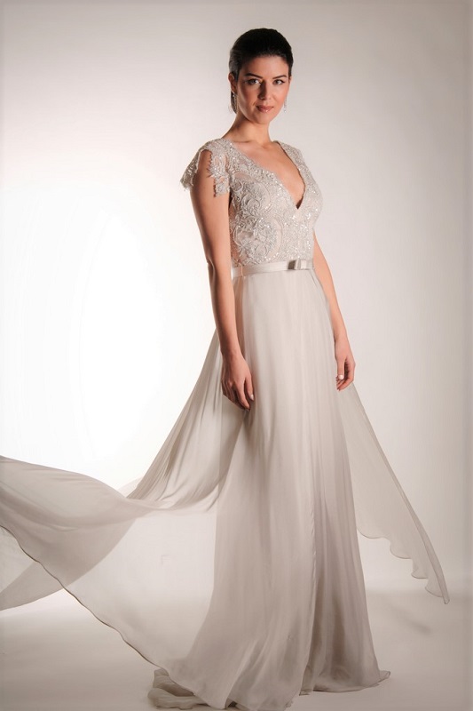 A beautiful soft silver coloured wedding dress.