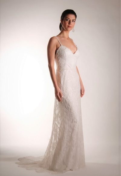 A classic shoe strap wedding dress.