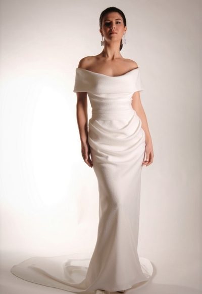 A wedding dress of draped microfiber.